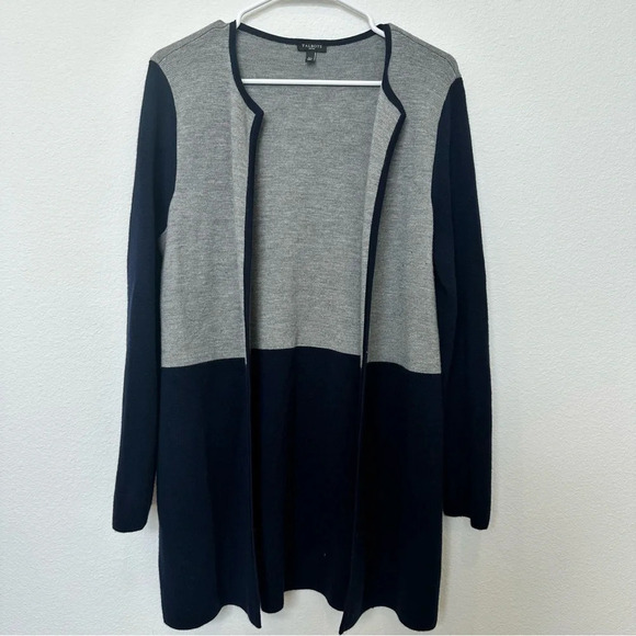 Talbots Color Block Wool Blend Longline Cardigan Navy and Gray Large Petite - Picture 1 of 8